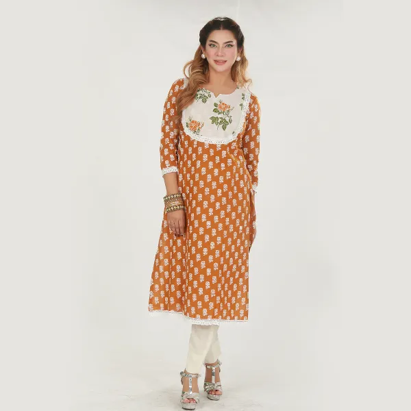 Golden Orange with white print laise Kurti